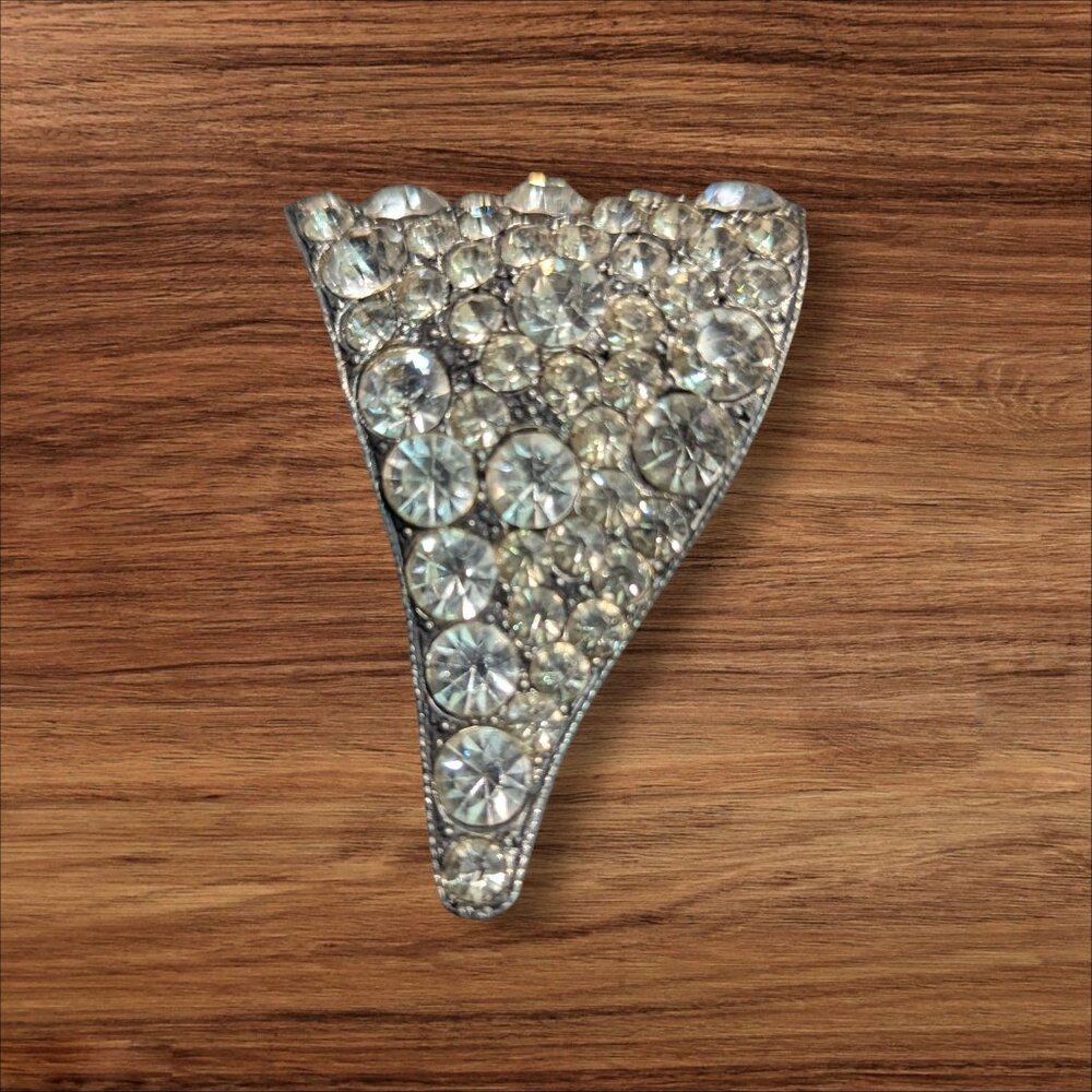 Vintage Triangular Rhinestone Brooch Pin Silver Tone Sparkle Statement Estate‎